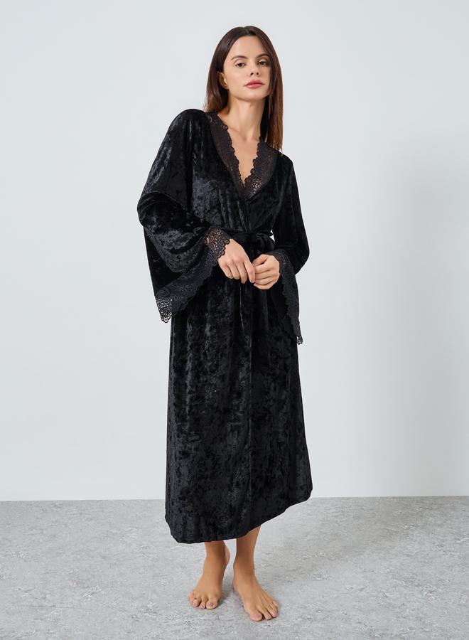 Styli Crushed Velvet Contrast Lace Trim Robe - Image 1