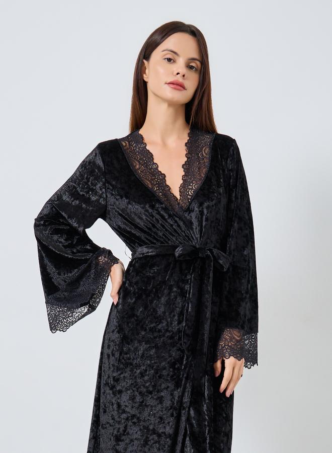 Styli Crushed Velvet Contrast Lace Trim Robe - Image 2