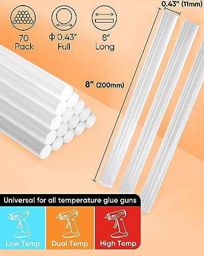 SHALL Full Size Hot Glue Sticks, 0.43” Dia x 8” Long, 70-Pack Clear Hot Melt Glue Gun Sticks for All-Temp Glue Guns, Multipurpose for Kids Adults DIY Art Craft Sealing Repairing Festival Decoration - Image 3