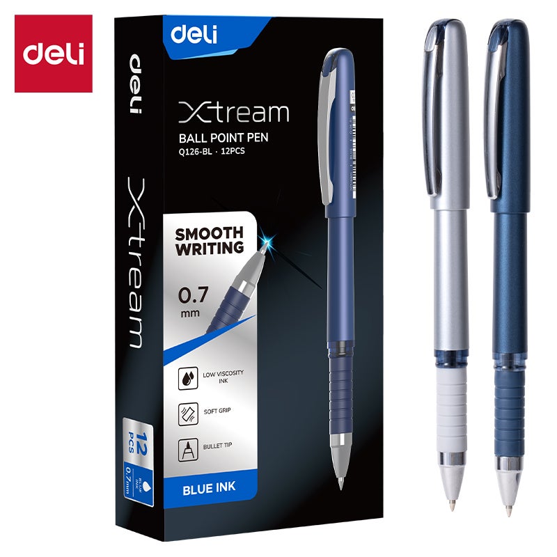 Deli EQ126-BL Xtream Ball Point Pen Set, 0.7mm Fine Tip, Blue Ink, 12 Pieces - Image 1