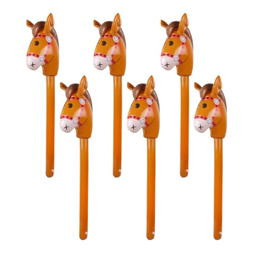 EVERMARKET 6PCS Inflatable Stick HorseBlow Up Horse Head on Stick Pony Costume Western Cowboy Cowgirl Baby Shower Birthday Party Decorations Halloween Supplies Favors Props 38 Inches Brown - Image 1