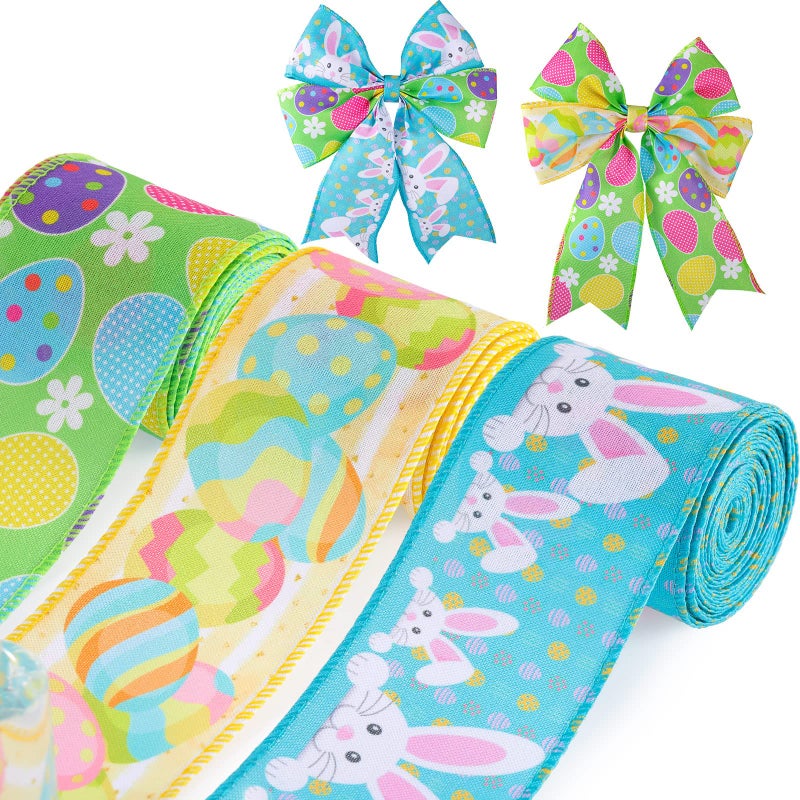 Easter Wired Edge Ribbon 3 Rolls 15 Yards Egg Bunny Printed Ribbons Wrapping Fabric Spring Colorful Craft for Easter Party Holiday DIY Decor Supplies 25 Inches