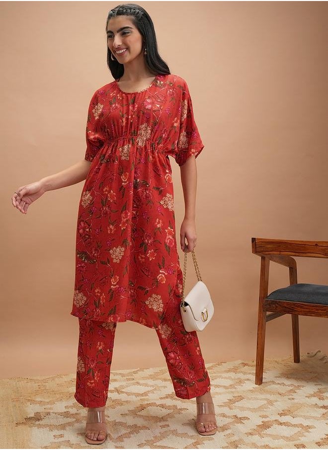 Vishudh Printed Round Neck Kaftan with Pants Co-Ords by Styli  - Image 1