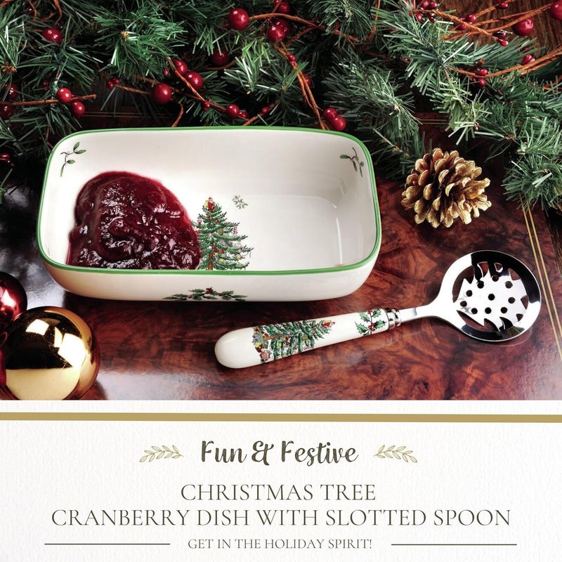 Spode Christmas Tree Cranberry Sauce Serving Dish with Slotted Spoon (8"x 6.5") - Rectangular Holiday Server with Holiday Motif - Dishwasher, Microwave, Freezer Safe Serveware for Entertaining - Image 2