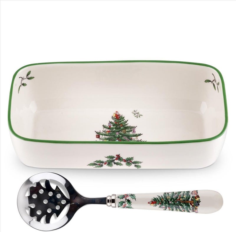 Spode Christmas Tree Cranberry Sauce Serving Dish with Slotted Spoon (8"x 6.5") - Rectangular Holiday Server with Holiday Motif - Dishwasher, Microwave, Freezer Safe Serveware for Entertaining - Image 1