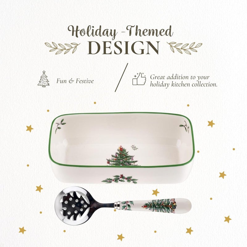 Spode Christmas Tree Cranberry Sauce Serving Dish with Slotted Spoon (8"x 6.5") - Rectangular Holiday Server with Holiday Motif - Dishwasher, Microwave, Freezer Safe Serveware for Entertaining - Image 3
