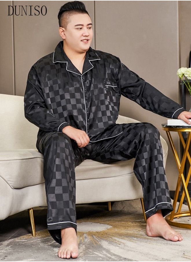 DUNISO - 2-piece Extra Large Men' s Pajama Set Silk Satin Long Sleeve Sleepwear with Button Classic Loungewear Nightwear Notch Neck Shirt and Waist Elastic Pants Pajama for Chubby Men - Image 1