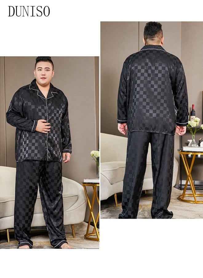 DUNISO - 2-piece Extra Large Men' s Pajama Set Silk Satin Long Sleeve Sleepwear with Button Classic Loungewear Nightwear Notch Neck Shirt and Waist Elastic Pants Pajama for Chubby Men - Image 1