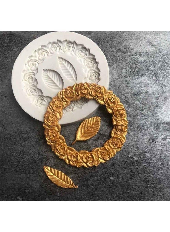 Circle Flower Silicone Mold White ，Circle Rose Flower Fondant Mold Cake Silicone Mold Garland and Leaf Chocolate Candy Jelly Mold Cake Mould Decorating Tools - Image 2