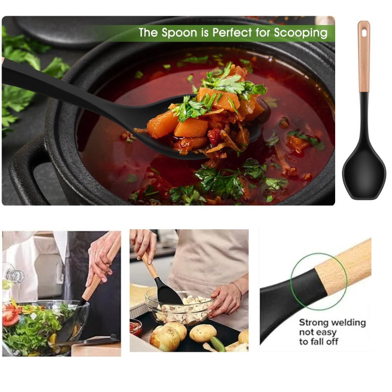 LorisArm Large Cooking Spoons. 12.5" Heat Resistant Silicone Serving Spoon, Nonstick Kitchen Utensils Wooden Handle Rubber Spoon for Mixing, Stiring,Baking,Scooping and Scraping. - Image 2
