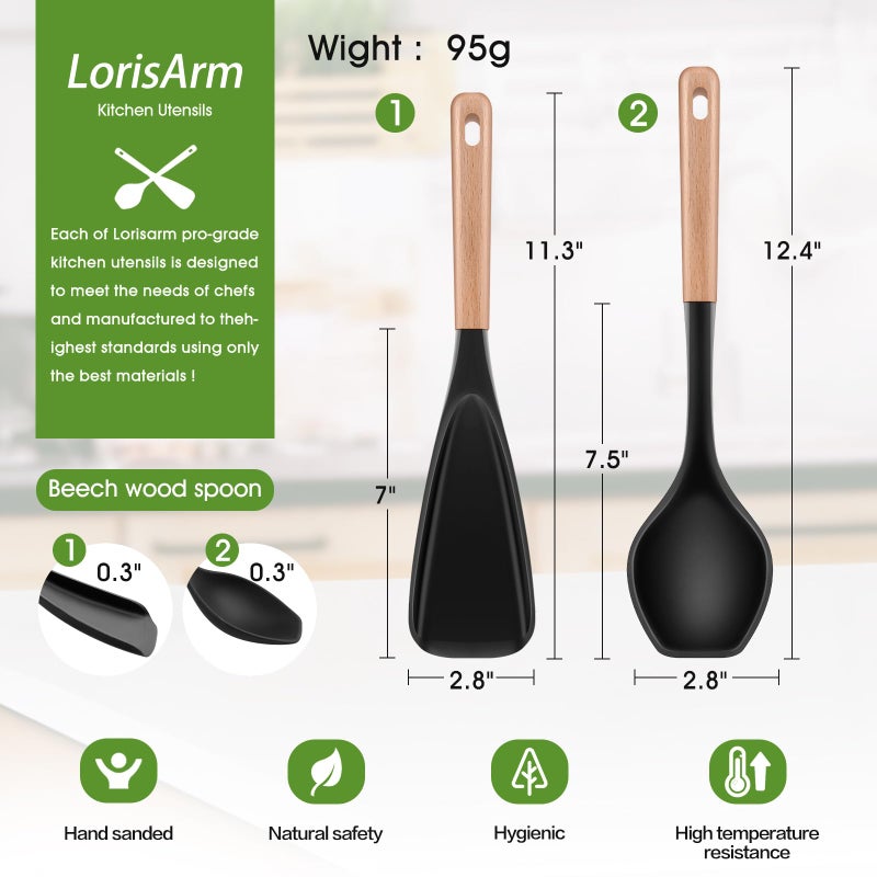 LorisArm Large Cooking Spoons. 12.5" Heat Resistant Silicone Serving Spoon, Nonstick Kitchen Utensils Wooden Handle Rubber Spoon for Mixing, Stiring,Baking,Scooping and Scraping. - Image 4
