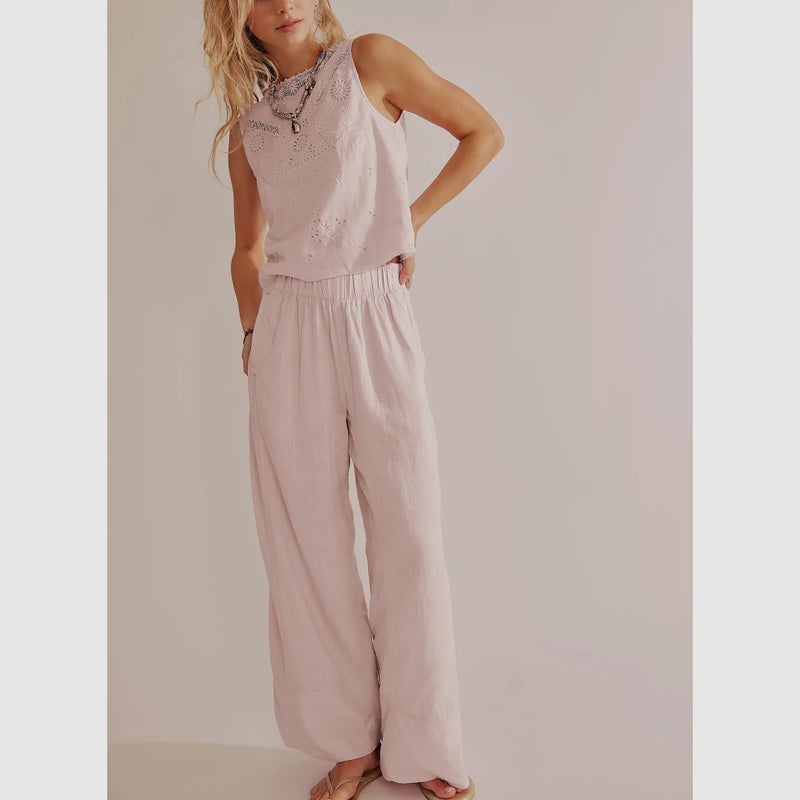 SeeLuNa Linen Pants for Women Cotton Baggy Boho Casual Palazzo Pants Wide Leg Long Lounge Trousers with Pockets(Pink,S) - Image 3