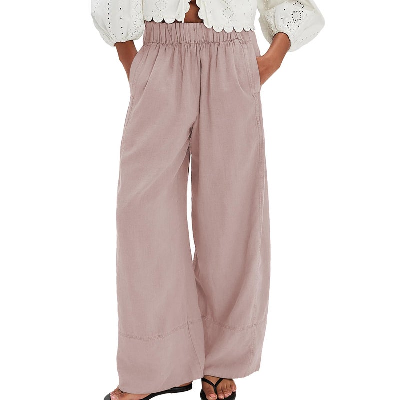 SeeLuNa Linen Pants for Women Cotton Baggy Boho Casual Palazzo Pants Wide Leg Long Lounge Trousers with Pockets(Pink,S) - Image 1