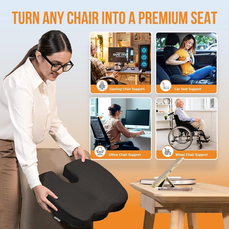 CareFoam Memory Foam Coccyx Seat Cushion for Tailbone Pain | 2 Years Warranty | Sciatica, Back Pain Relief - Orthopedic Chair Cushions | 18 x 14 x 3 Inch | Black - Image 4
