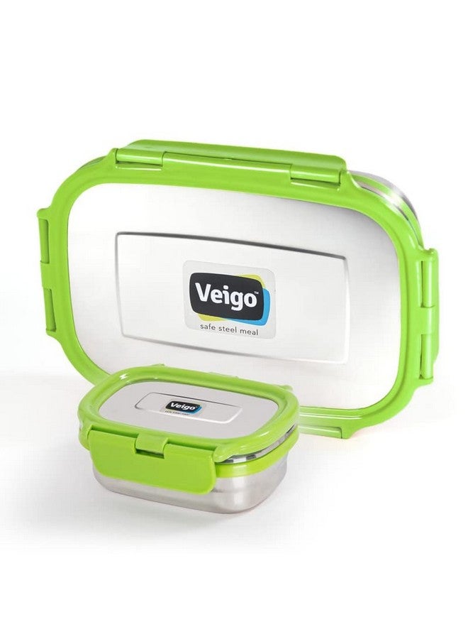 Veigo Steel Lunch Boxes for Office Men, Tiffin Box for Office Men, Lunch Box for Kids, Jumbo 950 ml, 180 ml Veg Box | Detachable Clips | Leakproof & Airtight | Durable Stainless Steel Lid | Green - Image 1