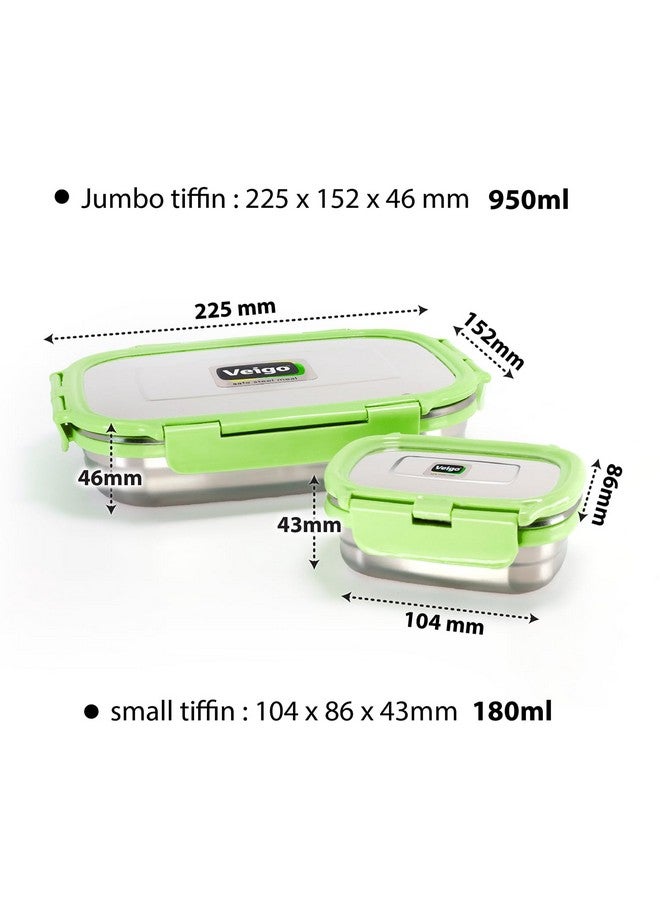Veigo Steel Lunch Boxes for Office Men, Tiffin Box for Office Men, Lunch Box for Kids, Jumbo 950 ml, 180 ml Veg Box | Detachable Clips | Leakproof & Airtight | Durable Stainless Steel Lid | Green - Image 3
