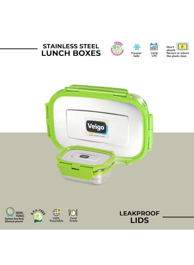 Veigo Steel Lunch Boxes for Office Men, Tiffin Box for Office Men, Lunch Box for Kids, Jumbo 950 ml, 180 ml Veg Box | Detachable Clips | Leakproof & Airtight | Durable Stainless Steel Lid | Green - Image 2