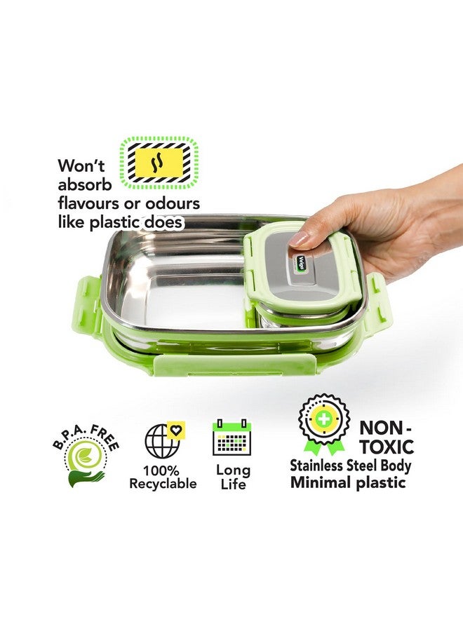 Veigo Steel Lunch Boxes for Office Men, Tiffin Box for Office Men, Lunch Box for Kids, Jumbo 950 ml, 180 ml Veg Box | Detachable Clips | Leakproof & Airtight | Durable Stainless Steel Lid | Green - Image 4