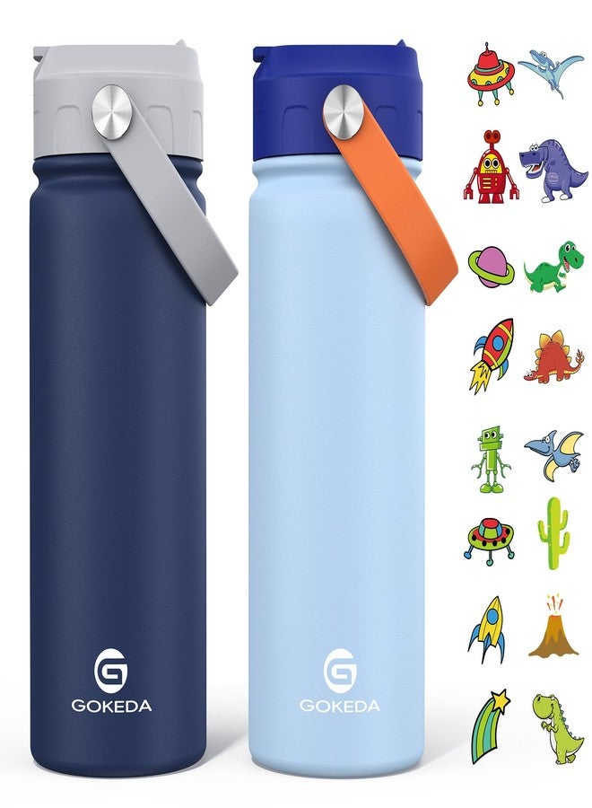GoKEDA 18oz Kids Water Bottle, 2 Pack Insulated Bottles with Stickers, 18/8 Stainless Steel Vacuum Leak Proof Straw Cup for School, Gifts for Boys(Light Blue, Dark Blue) - Image 1