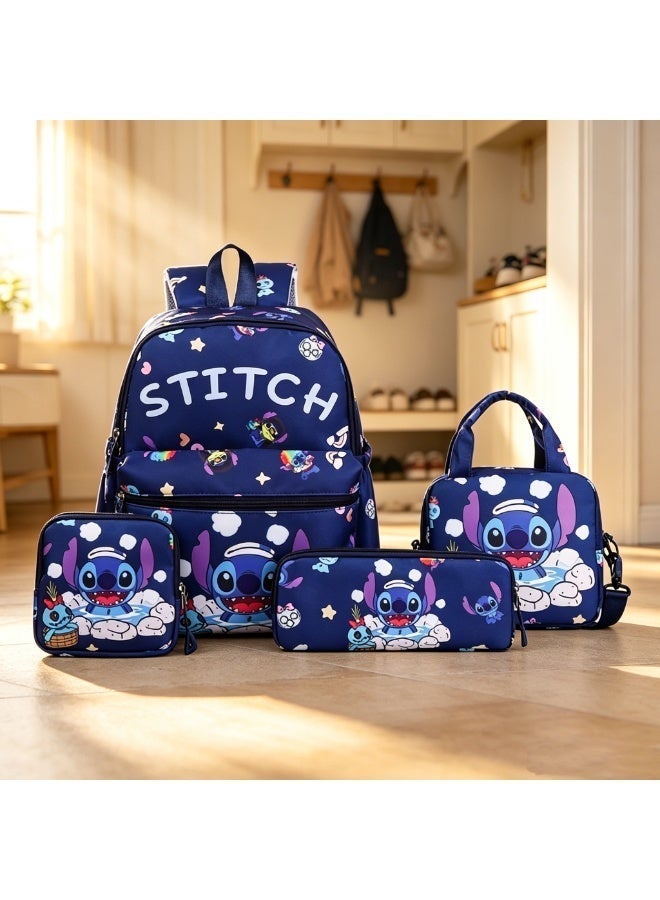 Disney Back to School Stitch Backpack Set for Kids, 4 Pcs School Bag Set with Lunch Bag, Pencil Case and Storage Pouch, Cute Cartoon Backpack for Girls and Boys, Back to School Gift - Image 1