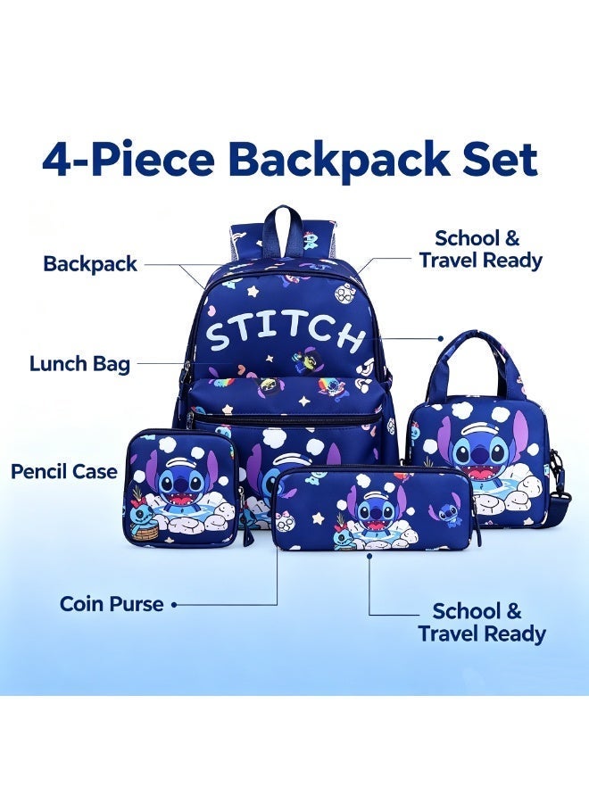 Disney Back to School Stitch Backpack Set for Kids, 4 Pcs School Bag Set with Lunch Bag, Pencil Case and Storage Pouch, Cute Cartoon Backpack for Girls and Boys, Back to School Gift - Image 3