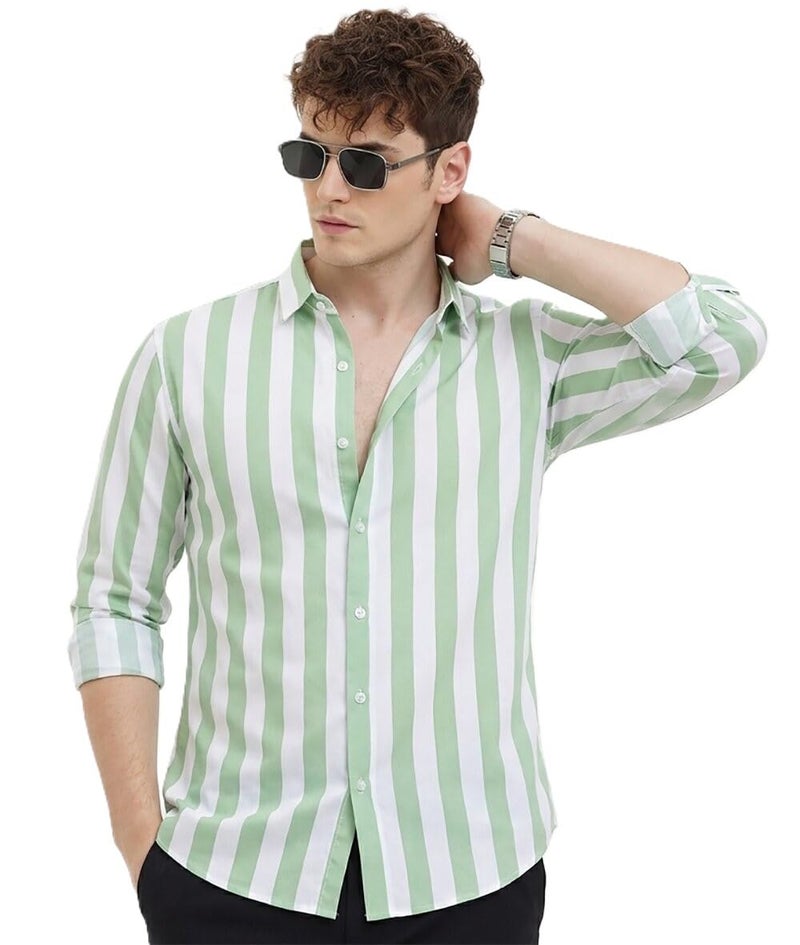 U TURN Men's Printed Striped and Checkered Casual Plus Size Shirt for Men (Light Green; Medium) - Image 1