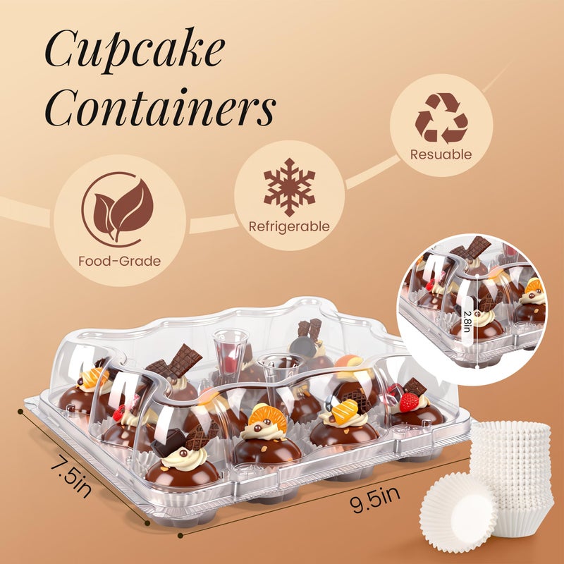 LOKQING 12 Count Mini Cupcake Containers 20 Sets with 240 Pack Cupcakes Liners, Plastic Cupcake Holder, Stackable Mini Cupcake Boxes Carrier, Clear Disposable Cupcake Trays, High Dome - Image 3
