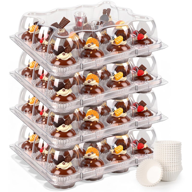 LOKQING 12 Count Mini Cupcake Containers 20 Sets with 240 Pack Cupcakes Liners, Plastic Cupcake Holder, Stackable Mini Cupcake Boxes Carrier, Clear Disposable Cupcake Trays, High Dome - Image 1