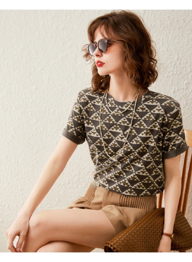 Fashion-printed T-shirt】new Summer Geometric Pattern Round Neck Short Sleeve Women's Tee - Image 1
