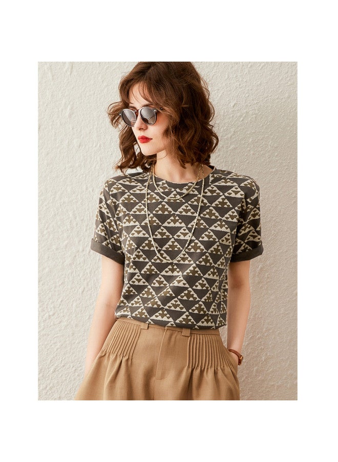 Fashion-printed T-shirt】new Summer Geometric Pattern Round Neck Short Sleeve Women's Tee - Image 5
