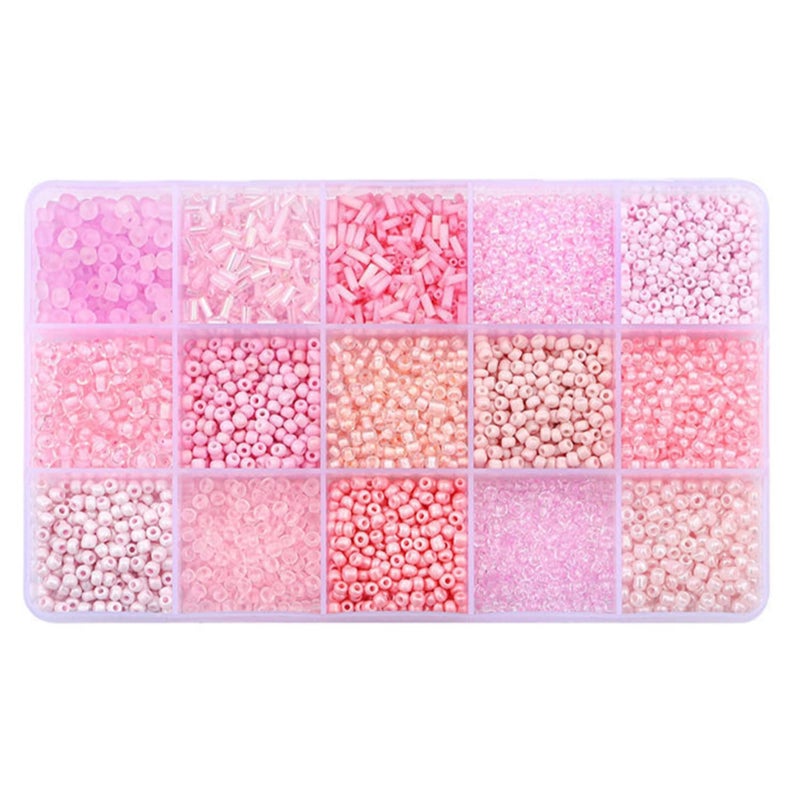 Basigeese Mix 15 Color Glass Seed Tube Beads Glass Bugle Beads Loose Kit for Jewelry Making DIY Craft Beading (Mix 15 Color, Pink) - Image 1