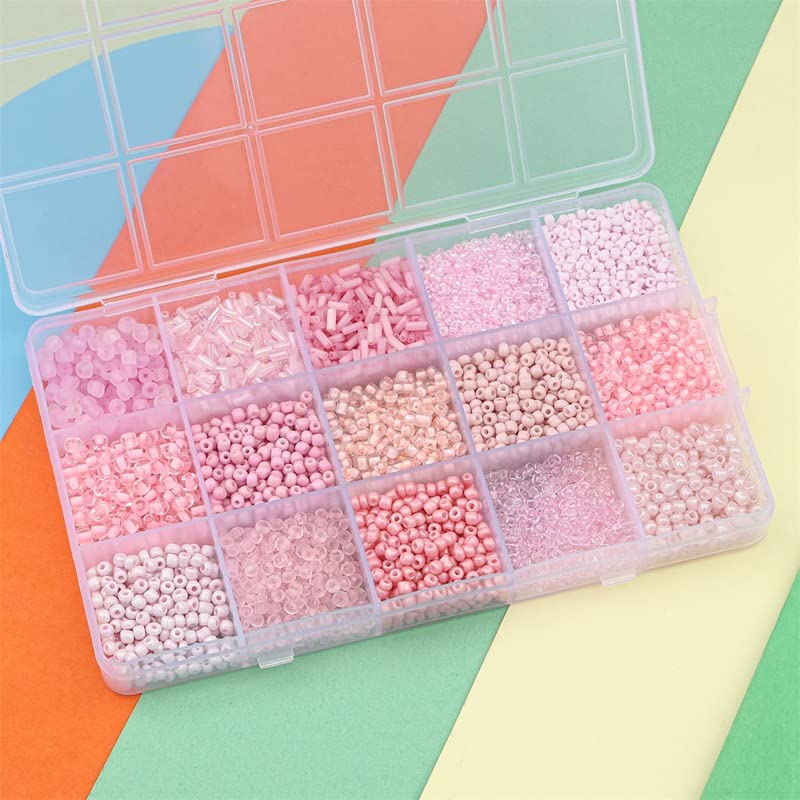 Basigeese Mix 15 Color Glass Seed Tube Beads Glass Bugle Beads Loose Kit for Jewelry Making DIY Craft Beading (Mix 15 Color, Pink) - Image 4