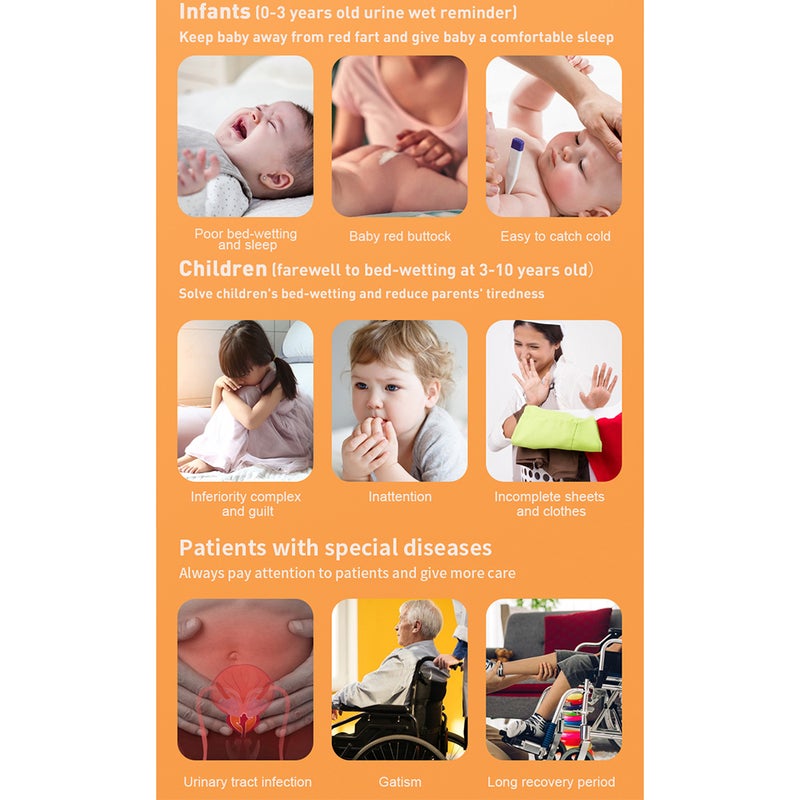 Bedwetting Alarm: Orange Magnetic Suction Type, Reliable Smart Chip High Sensitivity Probe - Multiple Vibration Sound LED Modes, Rechargeable Type-C Long Standby, Wetness Sensor for Toddler Potty Trai - Image 4