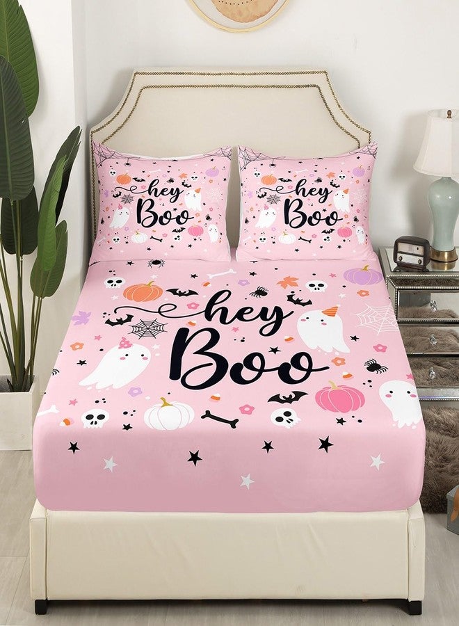 Man Fei Manfei Pink Ghosts Sheet Set King Size, Halloween Theme Bedding Set for Kids Girls Teens, Gothic Skull Spider Bat Pumpkin Bed Sheet Set 4pcs with Deep Pocket Fitted Sheet + Flat Sheet + 2 Pillowcases - Image 3