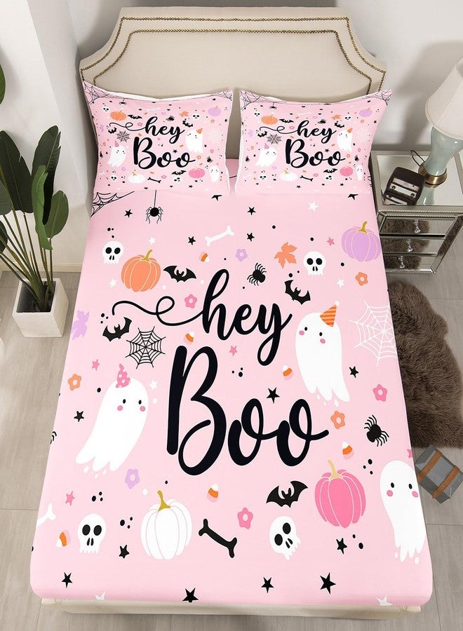 Man Fei Manfei Pink Ghosts Sheet Set King Size, Halloween Theme Bedding Set for Kids Girls Teens, Gothic Skull Spider Bat Pumpkin Bed Sheet Set 4pcs with Deep Pocket Fitted Sheet + Flat Sheet + 2 Pillowcases - Image 2