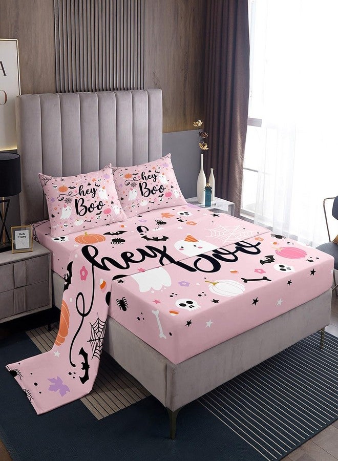 Man Fei Manfei Pink Ghosts Sheet Set King Size, Halloween Theme Bedding Set for Kids Girls Teens, Gothic Skull Spider Bat Pumpkin Bed Sheet Set 4pcs with Deep Pocket Fitted Sheet + Flat Sheet + 2 Pillowcases - Image 1