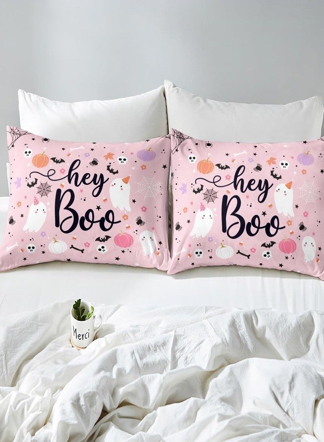 Man Fei Manfei Pink Ghosts Sheet Set King Size, Halloween Theme Bedding Set for Kids Girls Teens, Gothic Skull Spider Bat Pumpkin Bed Sheet Set 4pcs with Deep Pocket Fitted Sheet + Flat Sheet + 2 Pillowcases - Image 4