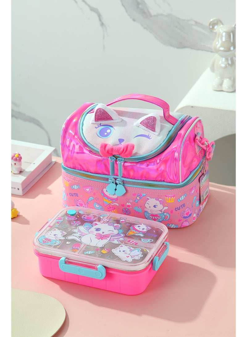 VEST Kids Lunch Bag, Cute 3D Cat Ear Glitter Insulated Lunch Bag, Portable Double Layer Thermal Lunch Box Bag for Girls 25.5×16.5×17cm - Image 3