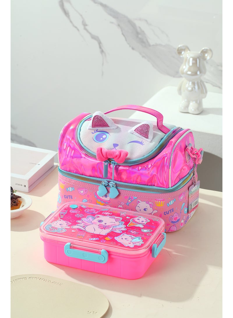 VEST Kids Lunch Bag, Cute 3D Cat Ear Glitter Insulated Lunch Bag, Portable Double Layer Thermal Lunch Box Bag for Girls 25.5×16.5×17cm - Image 2