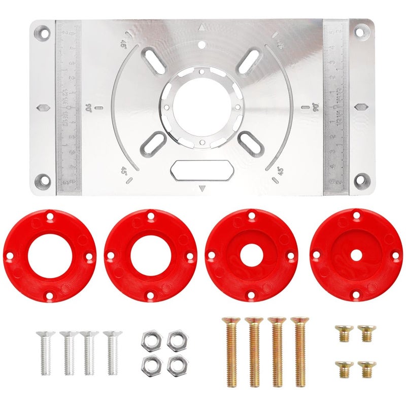 Eyech Router Table Insert Plate with 4 Red Center Ring, Aluminum Alloy Engraving Trimming Machine Flip Board Kit, Router Flip Plate for Woodworking Benches - Image 1