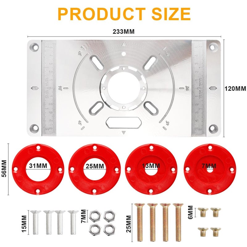 Eyech Router Table Insert Plate with 4 Red Center Ring, Aluminum Alloy Engraving Trimming Machine Flip Board Kit, Router Flip Plate for Woodworking Benches - Image 2