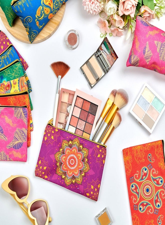 SilTriangle 24 Pcs Diwali Gifts Bulk, Indian Return Gifts for Pooja, Multicolor Canvas Makeup Bags with Golden Zipper, Travel Cosmetic Pouches with Classic Indian Motifs, Wedding Gift for Women - Image 5