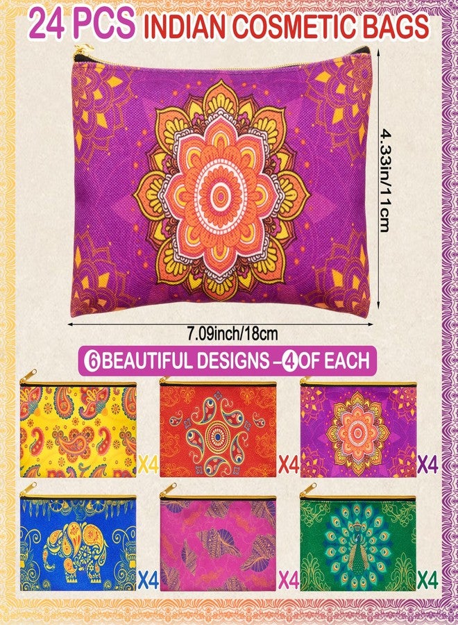 SilTriangle 24 Pcs Diwali Gifts Bulk, Indian Return Gifts for Pooja, Multicolor Canvas Makeup Bags with Golden Zipper, Travel Cosmetic Pouches with Classic Indian Motifs, Wedding Gift for Women - Image 3