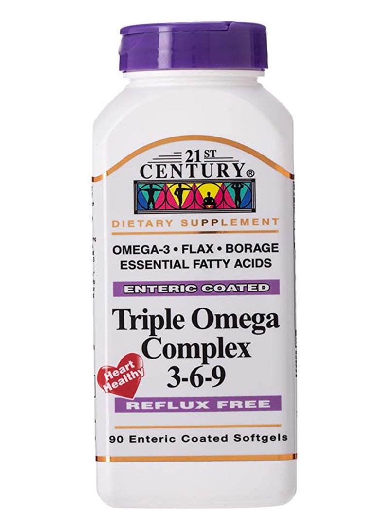 21st Century مركب أوميغا الثلاثي 3-6-9 خالي من الارتجاع كبسولات جيلاتينية مغلفة معوية لصحة القلب، عبوة من 90 حبة - Image 1