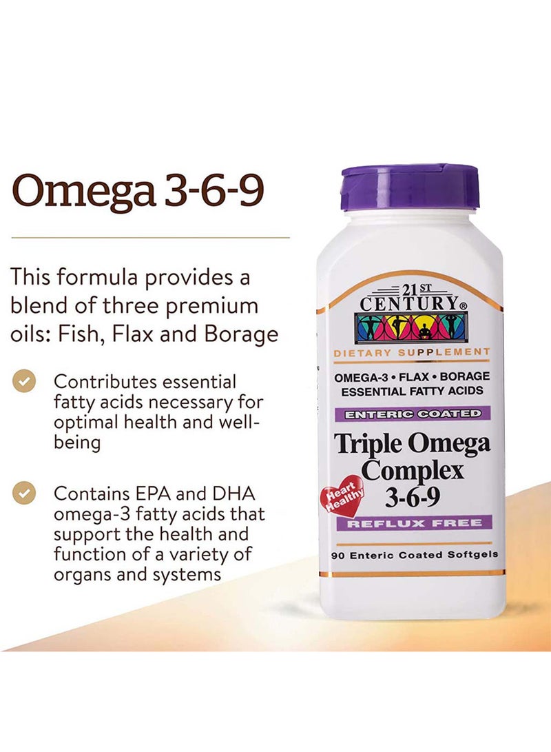 21st Century مركب أوميغا الثلاثي 3-6-9 خالي من الارتجاع كبسولات جيلاتينية مغلفة معوية لصحة القلب، عبوة من 90 حبة - Image 4