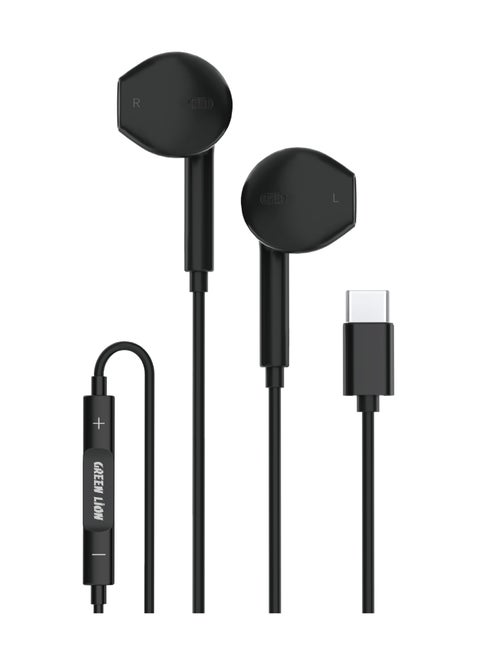 Stereo Earphone with Type-C Connector /  Stereo Surround /  Control Buttons / 1.2m Wire Length / TPE + Copper Material - Black