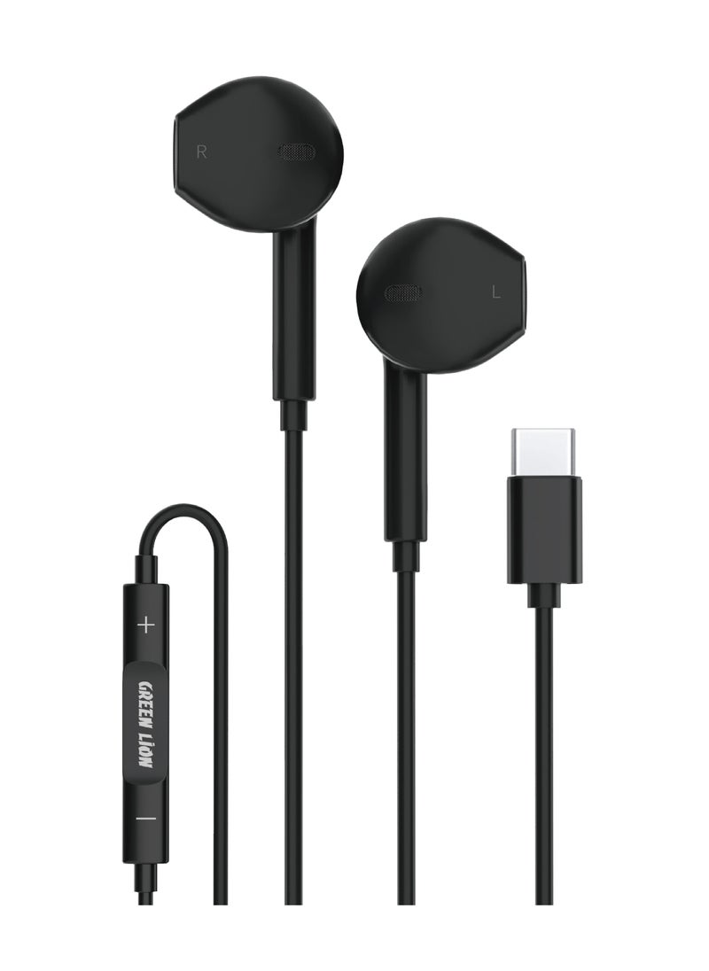 Stereo Earphone with Type-C Connector /  Stereo Surround /  Control Buttons / 1.2m Wire Length / TPE + Copper Material - Black