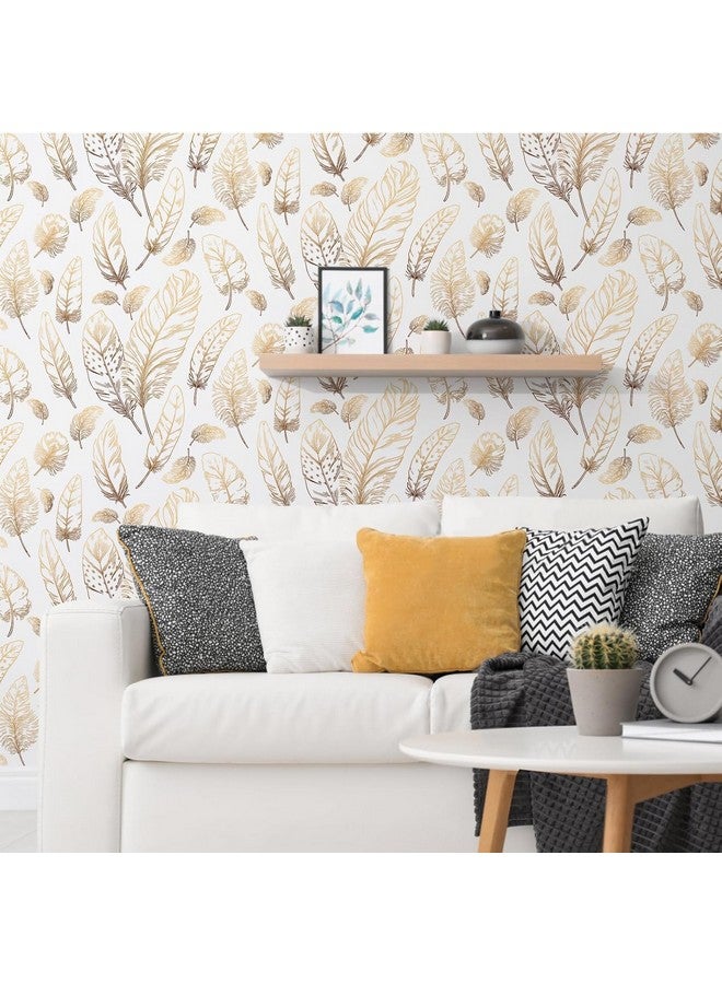 FOKRIM Gold and White Feather Wallpaper for Walls 45.5x305cm 14-Sqft Sticker Wallpaper Peel and Stick Removable Self Adhesive Waterproof Wallpaper - Image 3