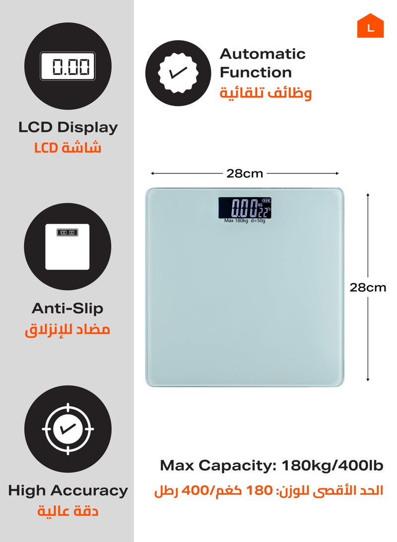 ميزان جسم - أبيض - ميزان رقمي لقياس الوزن بدقة عالية مع شاشة LCD، سعة 180 كجم/400 رطل، تصميم مقاوم للانزلاق - مناسب للاستخدام في المنزل، الحمام، وأماكن اللياقة. - Image 2