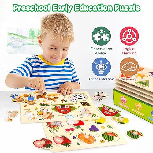 KECIABO Wooden Puzzles for Toddlers6 Pack Toddler Puzzles for Boys GirlsMontessori Toys for BabyPreschool Learning Wooden Peg Puzzles for Kids with FarmInsectsNumbersShapesAnimalsFruits - Image 5